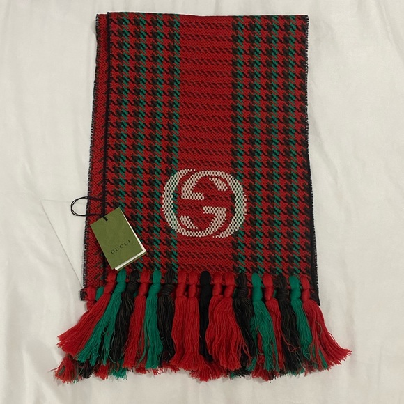 Gucci Interlocking GG Logo Red & Green Houndstooth Wool Tassel Scarf - Picture 5 of 12